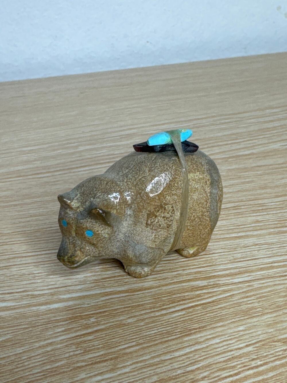 Authentic Zuni Travertine Bear Fetish by Freddie Leekya - "FL" Turquoise Eyes